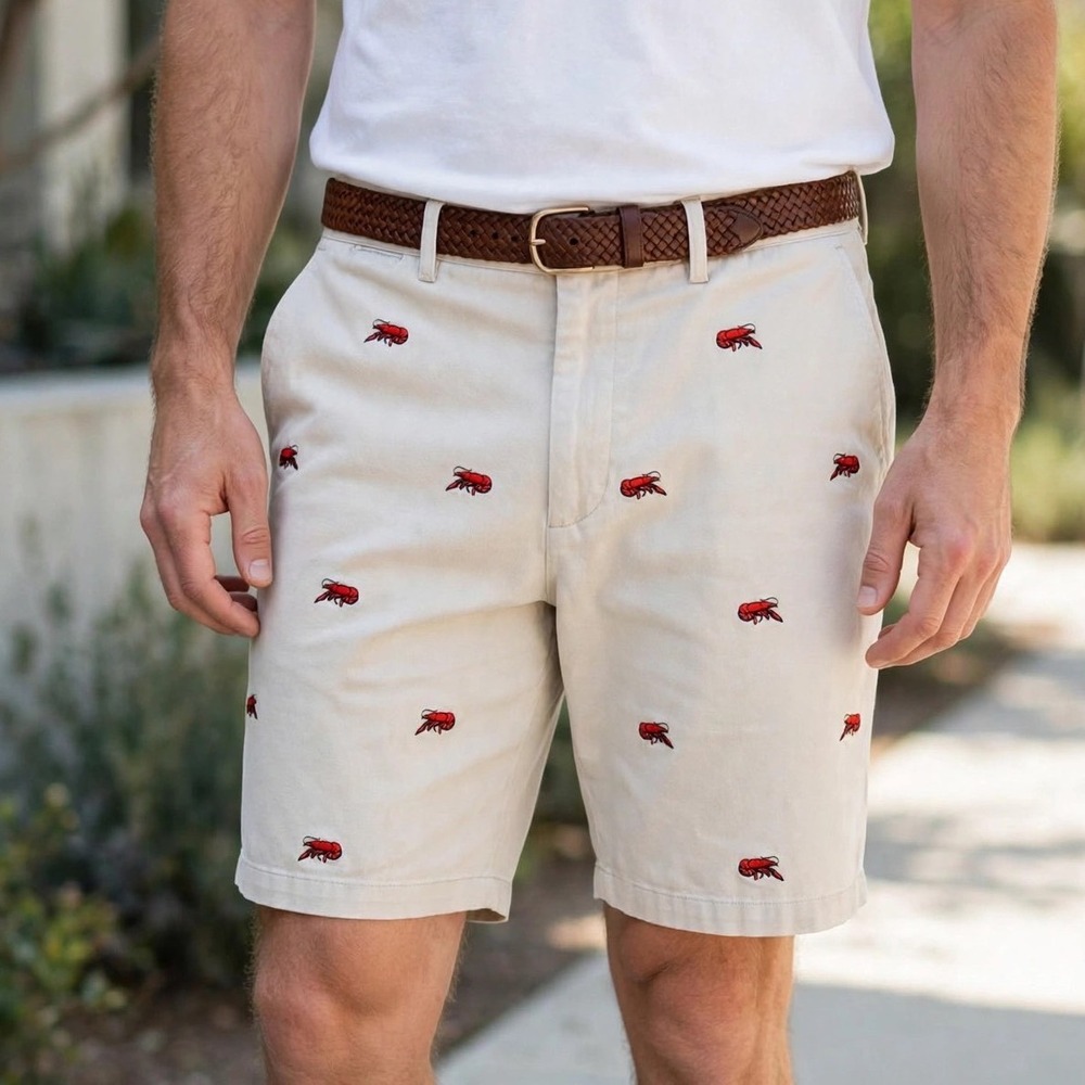 Castaway Nantucket Island Mens 40 Tan Lobster Embroidered Chino Shorts Preppy
